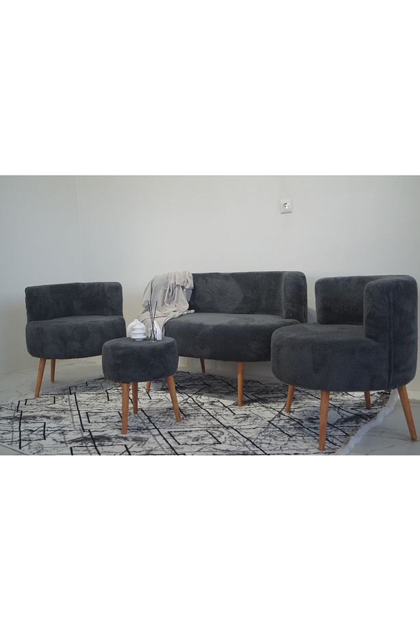 Antrasit Çay Seti Ikili Koltuk Berjer Ve Çift Kişilik Puf (SALON, BALKON, OFİS) 4'lü Takım - 2