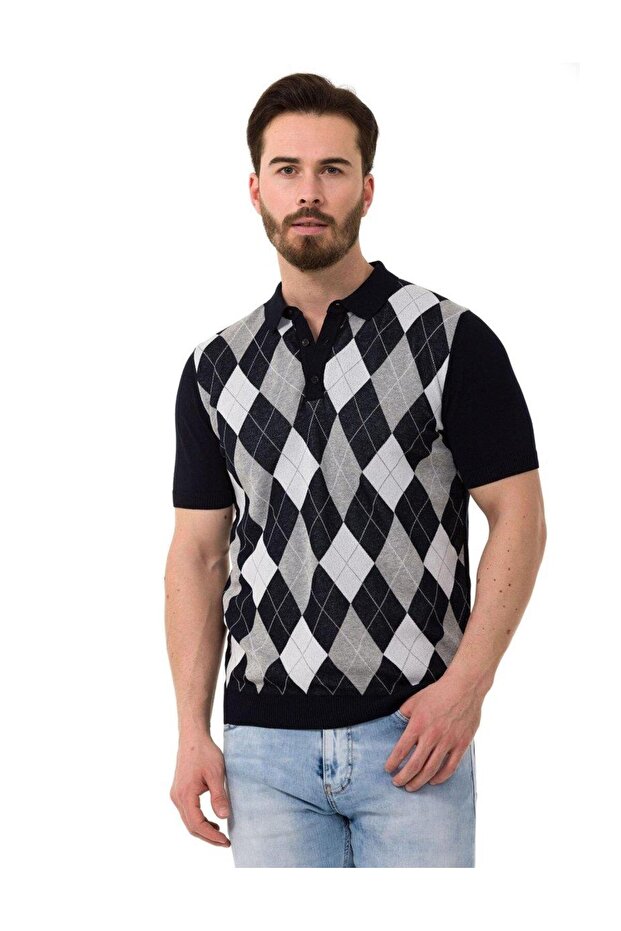 Ct753 Diamond Patterned Knitwear Men's Polo Neck T-Shirt