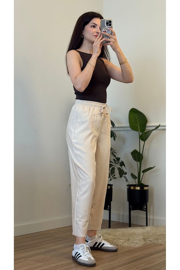 Yazlık Bej Pantolon - Yüksek Bel, Bağcıklı, Günlük Konfor Jogger - 5
