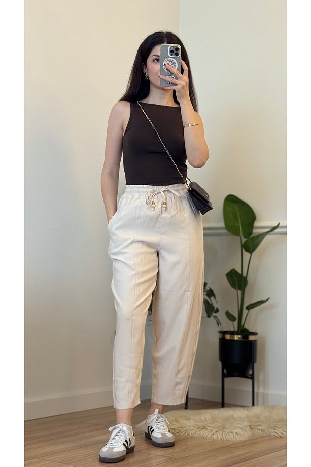 Yazlık Bej Pantolon - Yüksek Bel, Bağcıklı, Günlük Konfor Jogger - 2