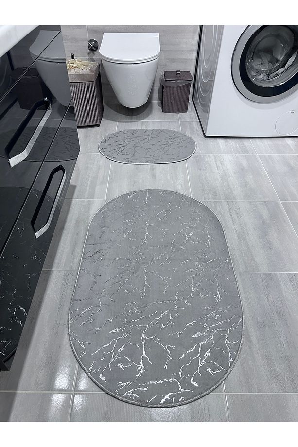 Simli Bambu Kaymaz Deri Taban 2'li Set Klozet Gri Gümüş Banyo Paspas Takımı - 1