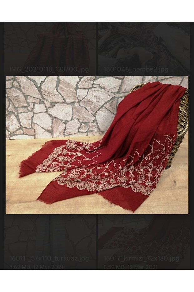 Burgundy Stone Embroidered and Embroidered Natural Imported Shawl