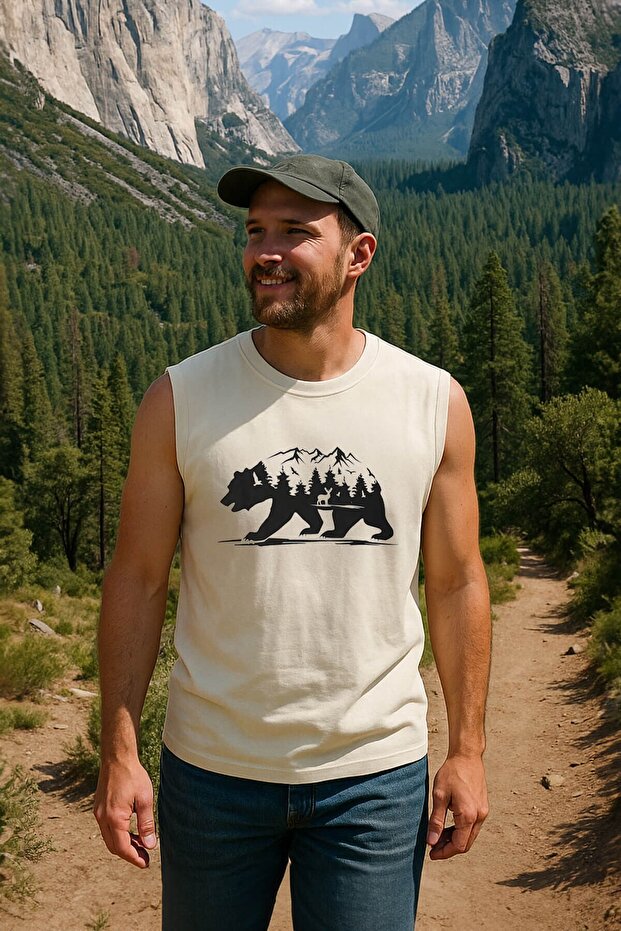 Men's 100% Cotton Crew Neck Bear Printed Sleeveless T-Shirt Short Sleeve Patterned