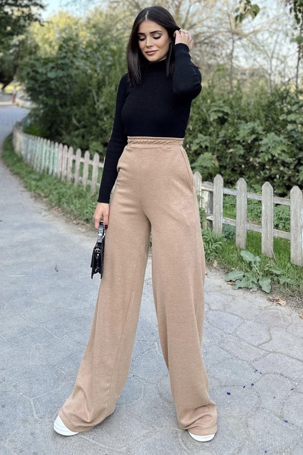 Women's Camel Elastic Waist, Pocket Knitted Woven Fabric, Wide Leg, Loose Trousers
