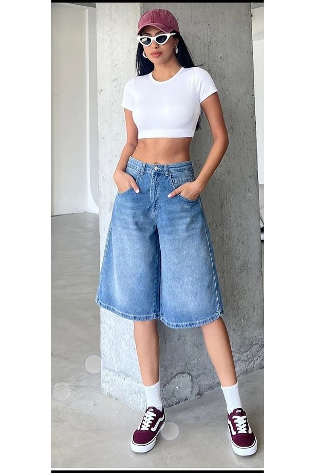 OVERSIZE YÜKSEK BEL UZUN DENİM BERMUDA ŞORT - 6