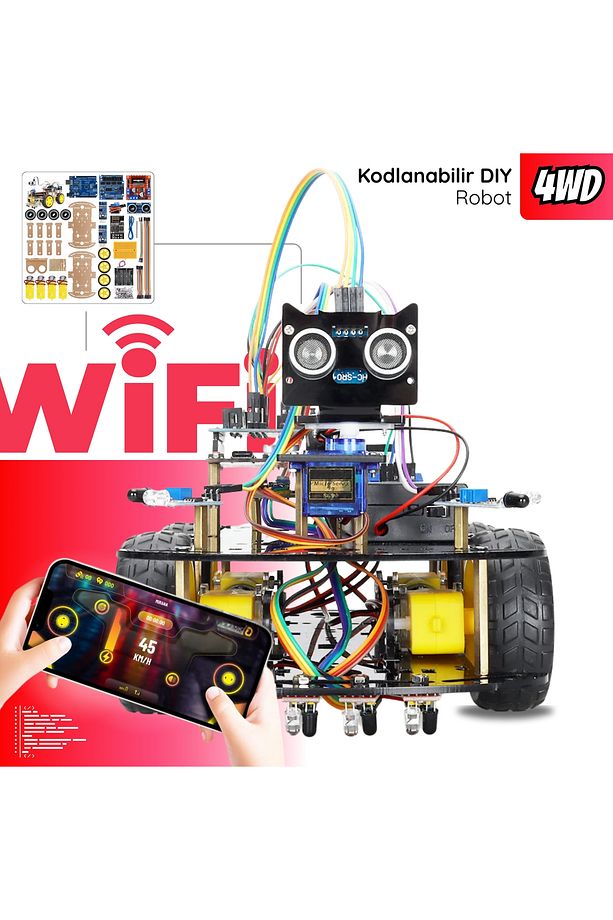 Arduino Temelli 4 Teker Robot Araba Kodlama Seti 4wd-wifi (KUTULU VE YAPAY ZEKA DESTEKLİ) - 1