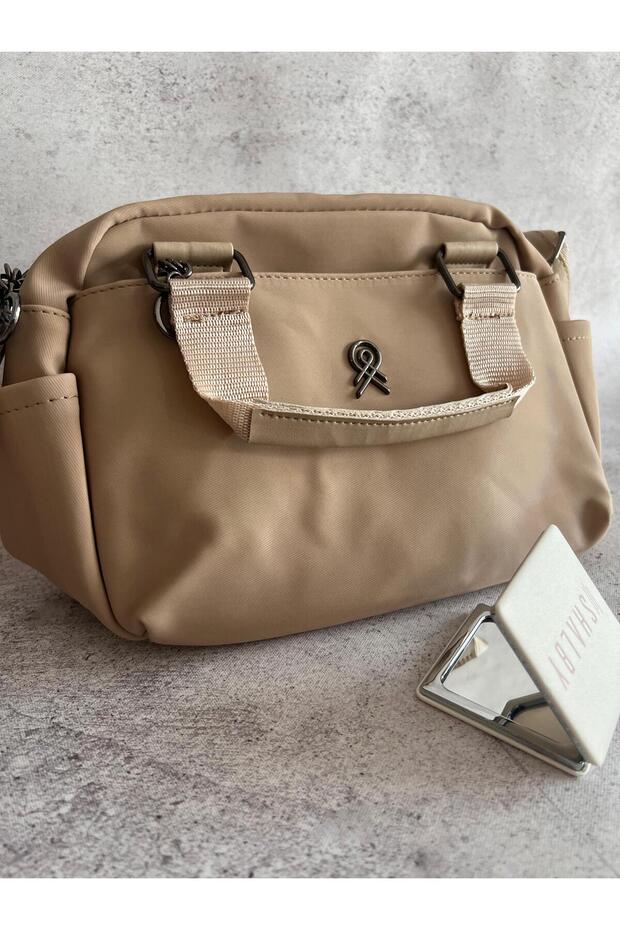 3 Compartment Design Bag with Elegant Details of Mink 25X17X11 cm and Makeup Mirror