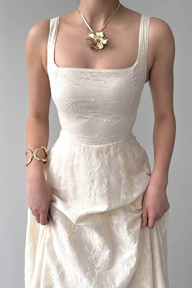Embroidered Floral Patterned Lined Midi Length Linen Dress