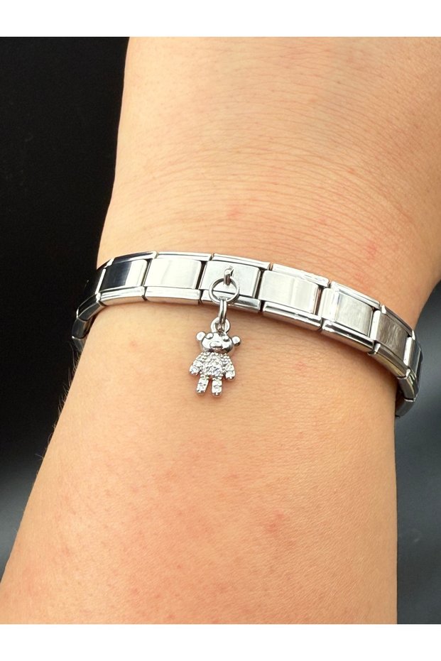 Zircon Stone Teddy Bear Figured Steel Charm and Italian Steel Bracelet I Special Boxed