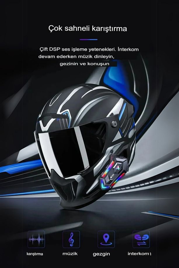 Y20 5.3 Bluetooth Motosiklet Kask Kulaklık intercom RGB Işıklı - 4