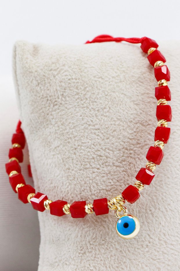 Red Colored Square Beaded Elevator Evil Eye Beaded Bracelet, Gift Bracelet