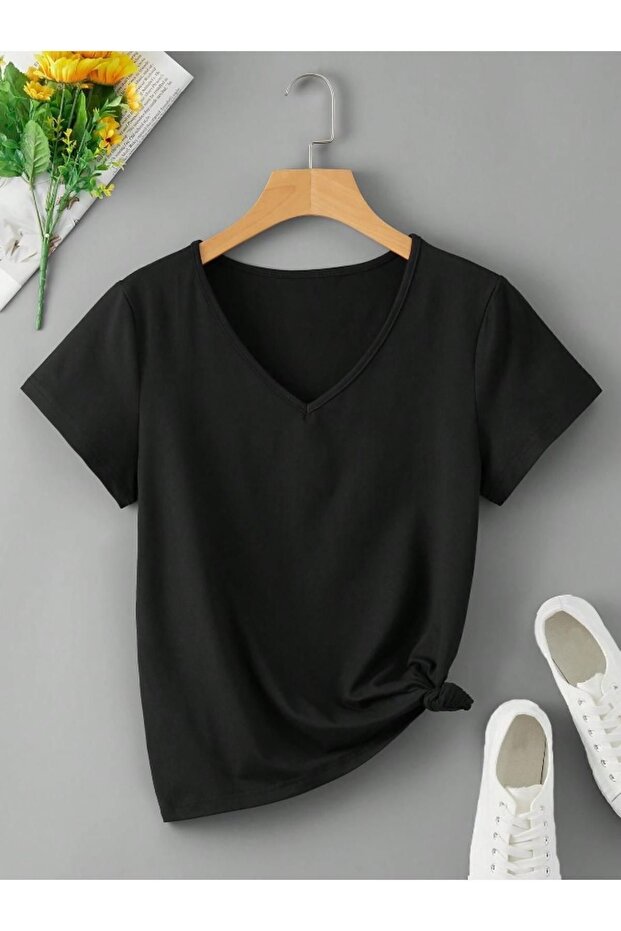 Women's Black V-Neck Regular T-Shirt