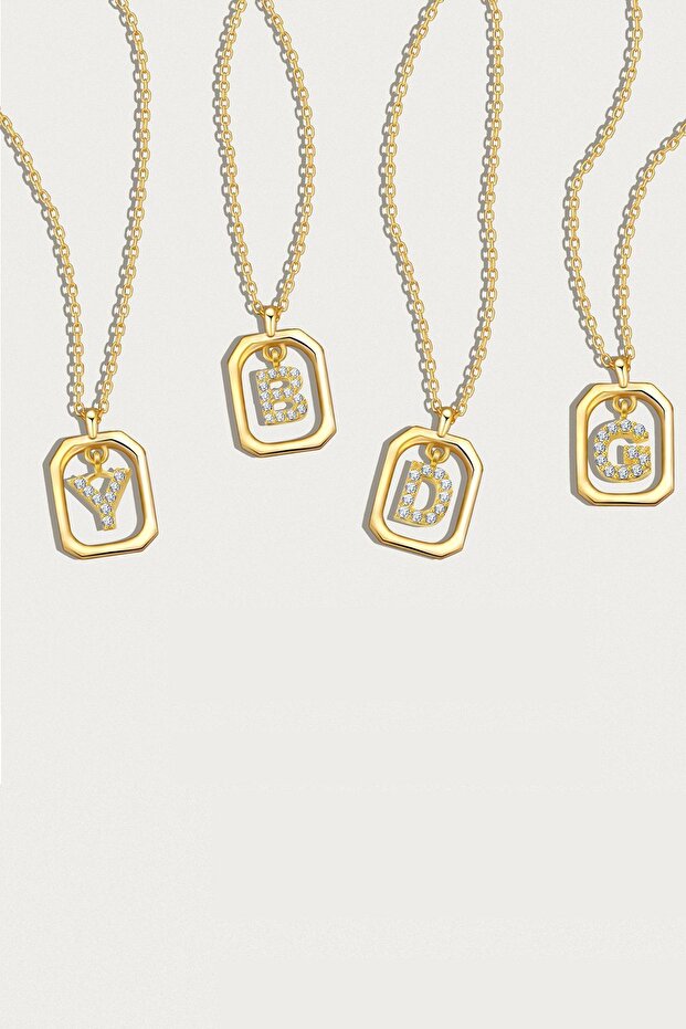 Harf Kolye Frame Taşlı D Harfi Gümüş Kolye - 3