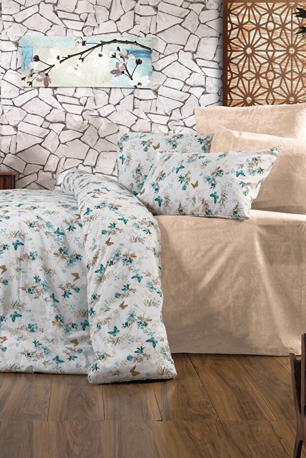 Double Duvet Cover with Sheets Elastic Cotton Butterfly Blue 4 Pillow Duvet Cover Set (with a Gift)