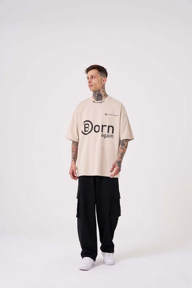 Erkek Imagination Creates Baskılı Oversize Açık Bej Tişört - 4