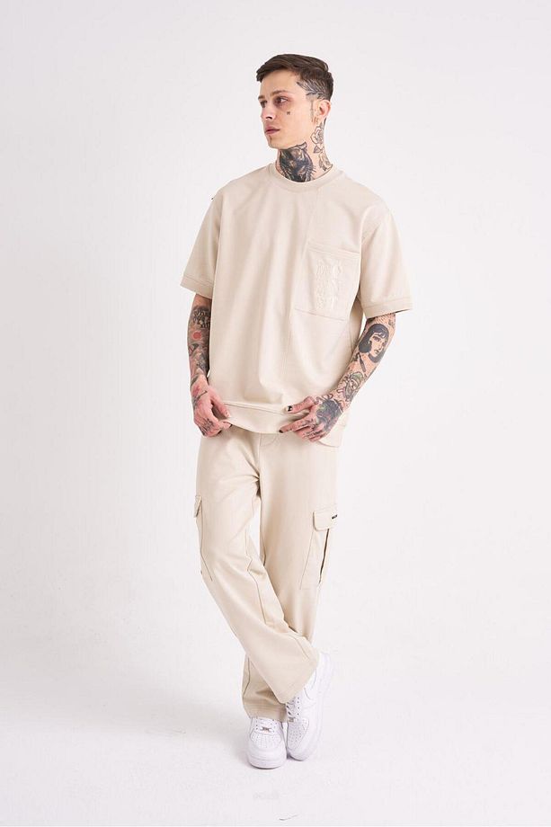 Erkek Mchnst Design Basic Oversize Açık Bej Tişört - 3