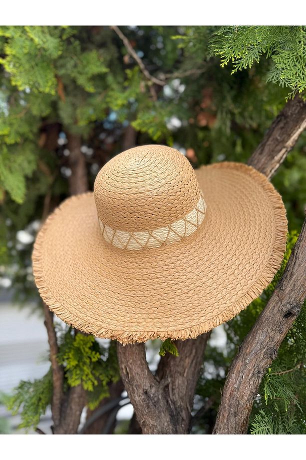 14748 Zigzag Şeritli Camel Geniş Hasır Şapka - 2
