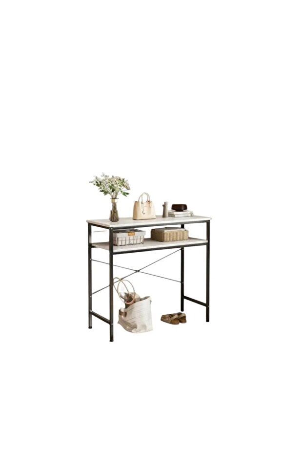 Narrow console table, small two-tiered entryway table, sofa table with two support bars - 2