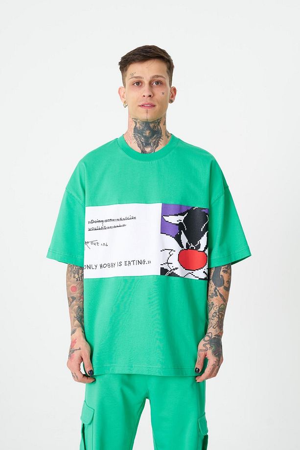 Erkek Sylvester Baskılı Oversize Açık Yeşil Tişört - 1