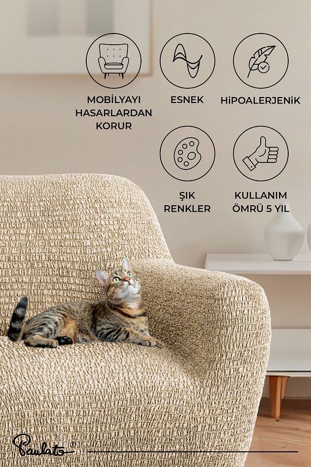 Lastikli Esnek Ve Yıkanabilir Tek Kişilik Koltuk Örtüsü Koltuk Kılıfı - Bej - 7