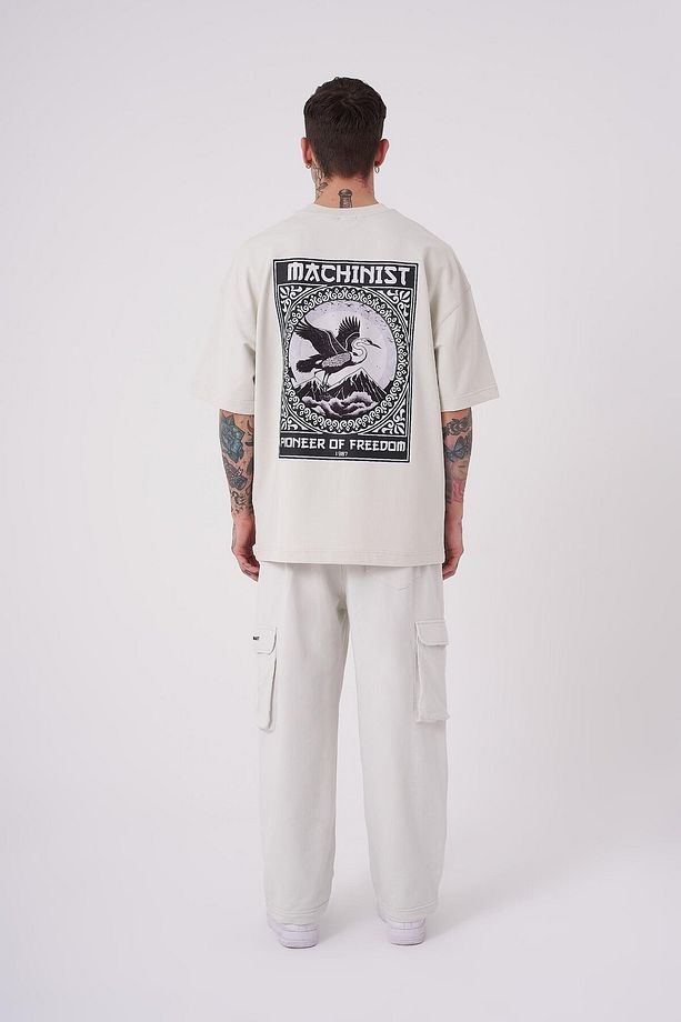 Erkek Crane Patch Baskılı Oversize Gri Tişört - 4