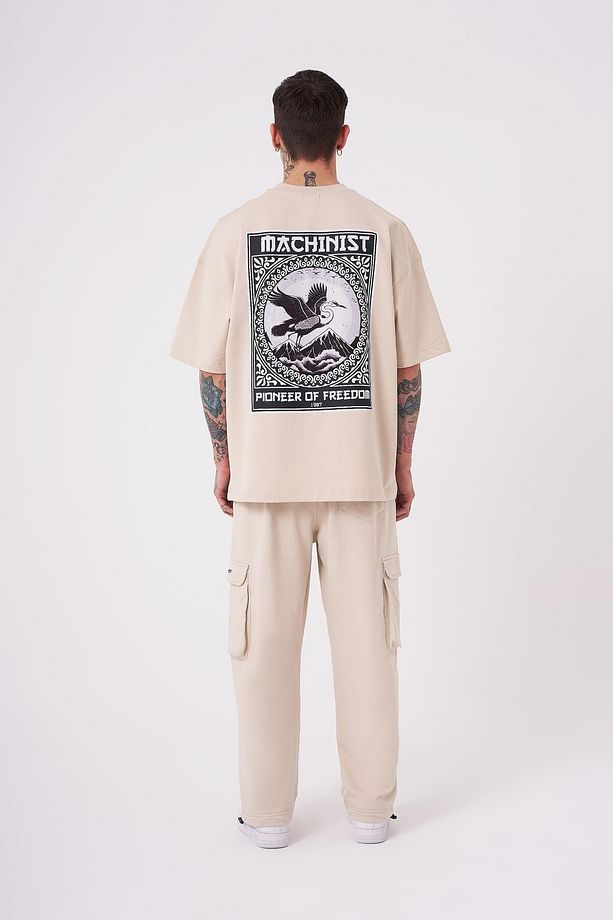 Erkek Crane Patch Baskılı Oversize Açık Bej Tişört - 4
