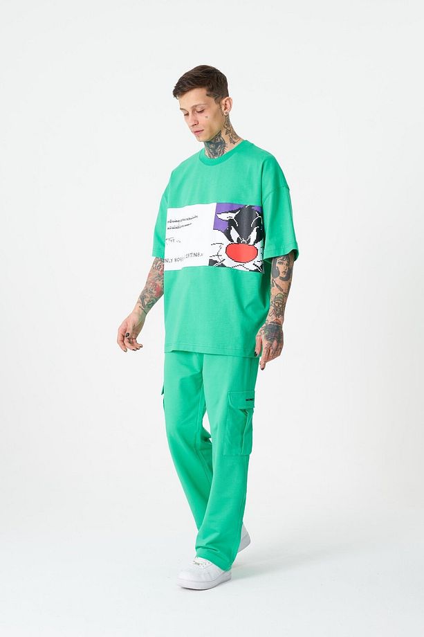 Erkek Sylvester Baskılı Oversize Açık Yeşil Tişört - 3