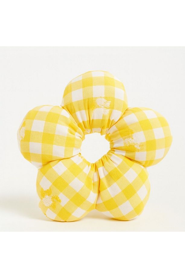 Çiçek Toka Scrunchie - El Yapımı Ekose Desenli Pofuduk Lastikli Toka - 2
