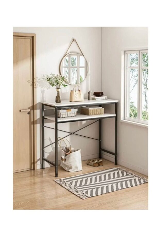 Narrow console table, small two-tiered entryway table, sofa table with two support bars - 1