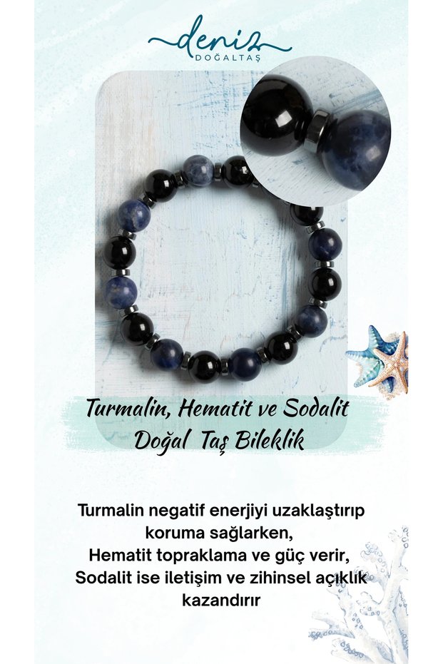 Certified Tourmaline, Hematite and Sodalite Natural Stone Bracelet