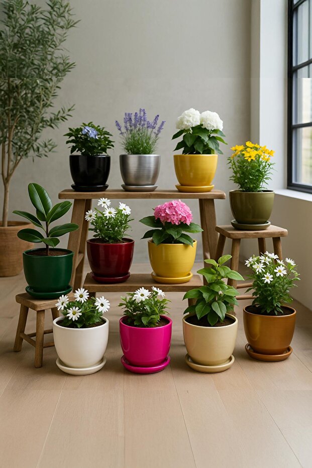 Tabaklı Krem Çömlek Saksı 19x19 Cm - 2