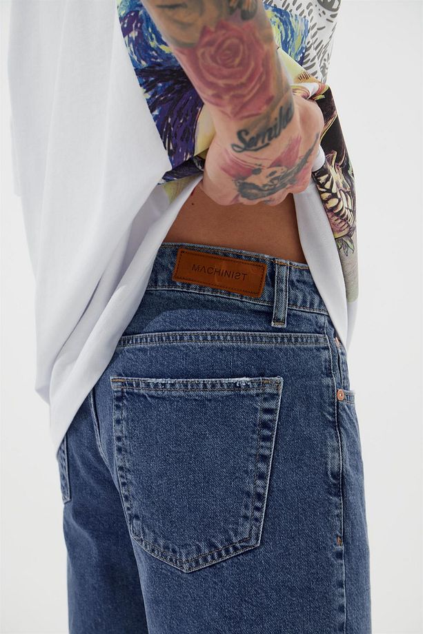 Erkek Loose Fith Denim Koyu Mavi Bermuda Şort - 5
