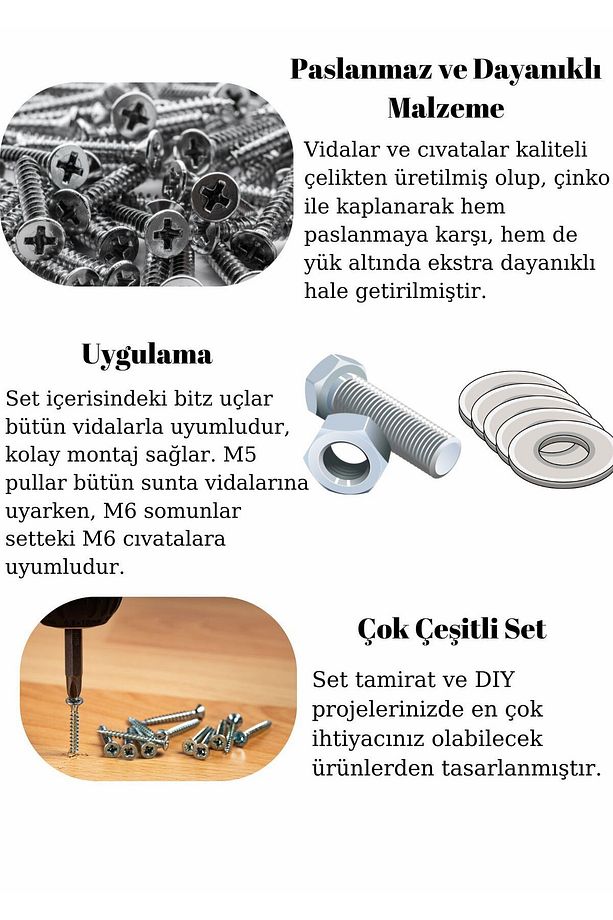 1364 Parça Sunta Vidası, Cıvata, Somun, Vida Pulu, 3 Çeşit Bits Matkap Ucu Seti - 3