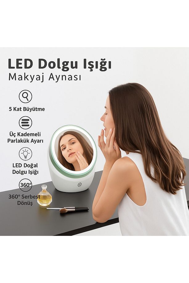 5 Kat Büyütmeli LED Işıklı Makyaj Aynası Dokunmatik & 360° Döner Başlık - 2