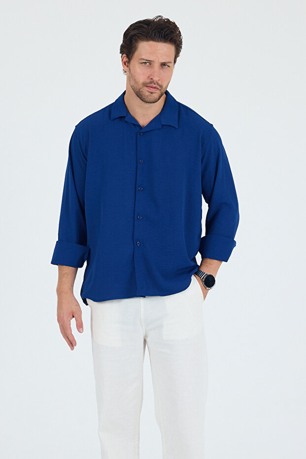 Linen Textured Oversize Men's Shirt Indigo