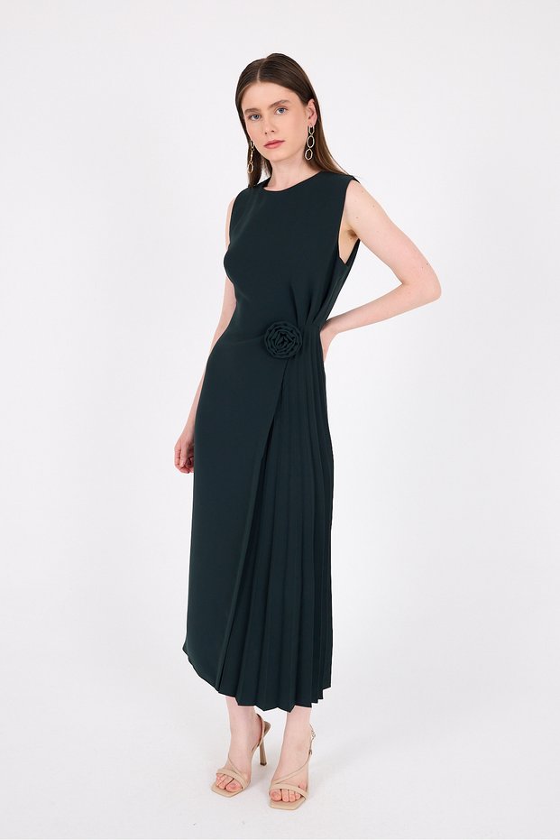 Emerald Floral Detailed Pleated Midi Evening Dress 251671