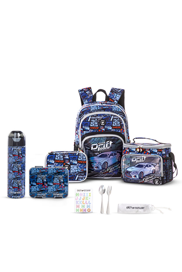 18" Set of 5 Backpack w/ Water Bottle, Lunch Box, Lunch Bag and Pencil Case-Car Racing