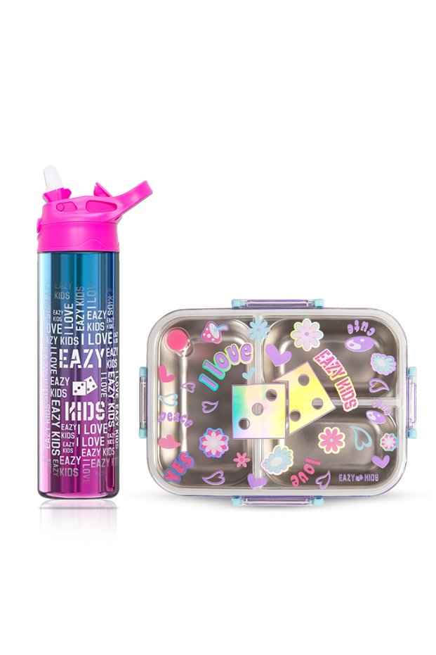 3 Compartment 800ml Stainless Steel bento Lunch Box w/ Steel Water Bottle-Floral Purple