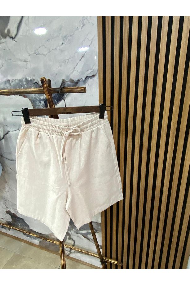 Erkek Beli Bağcıklı Pamuk Keten Şort - 1