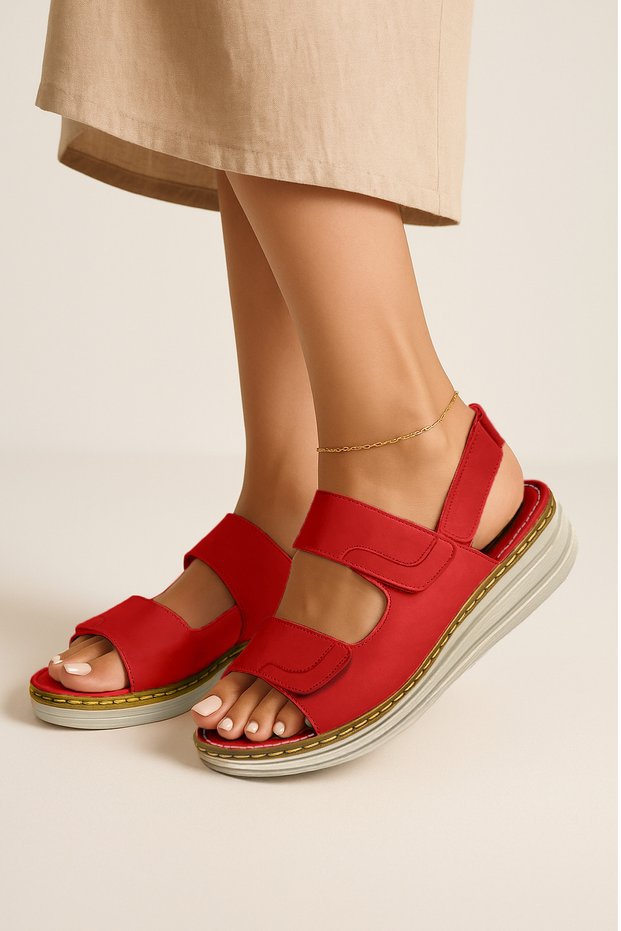 Women's Red Orthopedic Genuine Leather Sandals – Comfortable Anatomical Sole Velcro Summer Sandals
