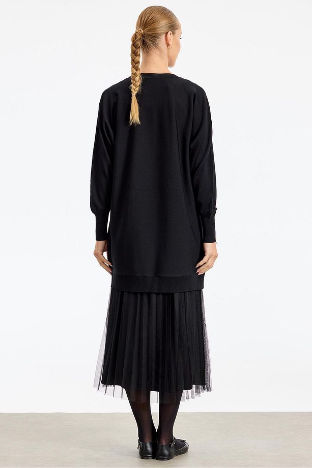 Omzu Yaprak Taş Baskılı Rayon Tunik SİYAH - 4