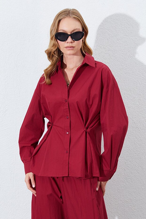 Women's Burgundy Waist Button Detailed Shirt
