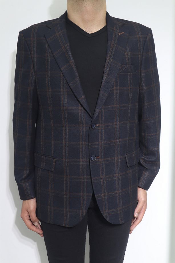 DMC TEKSTİL Erkek Lacivert Ekose Kareli Klasik Kesim Rahat Kalıp Çift Düğmeli 4 Drop Blazer Ceket - 2