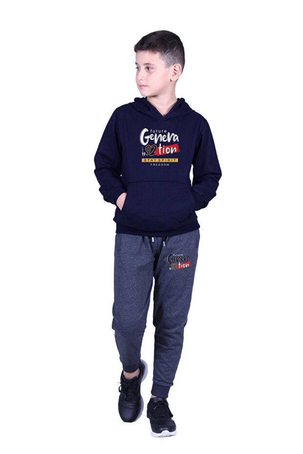 Boy's Track Suit with Hooded Kangaroo Pocket Generation Text Printed