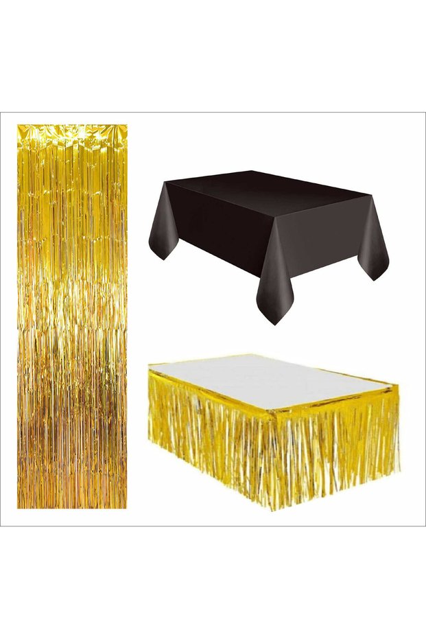 3 Pieces Black Table Cloth, Gold Table Skirt, Gold Back Fon