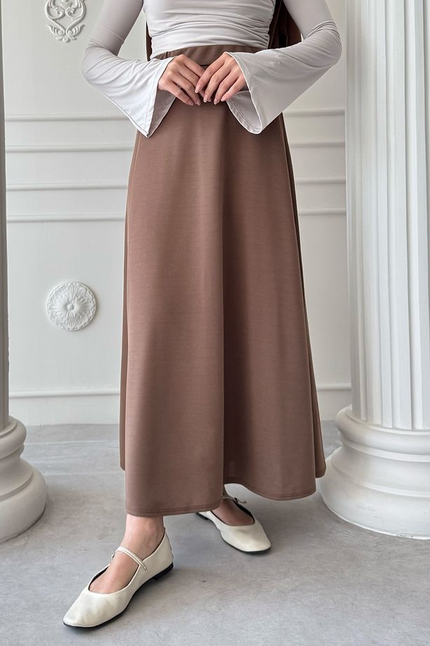 Duble Örme Kumaş Etek - Sütlü Kahve - 4