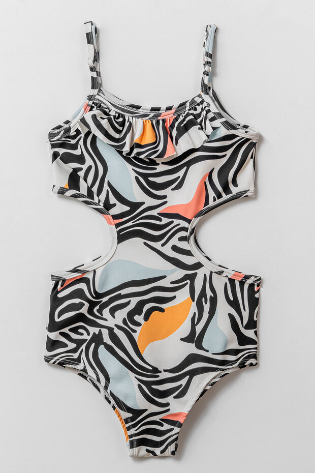 Patterned Ruffle Detailed Girl's Swimsuit