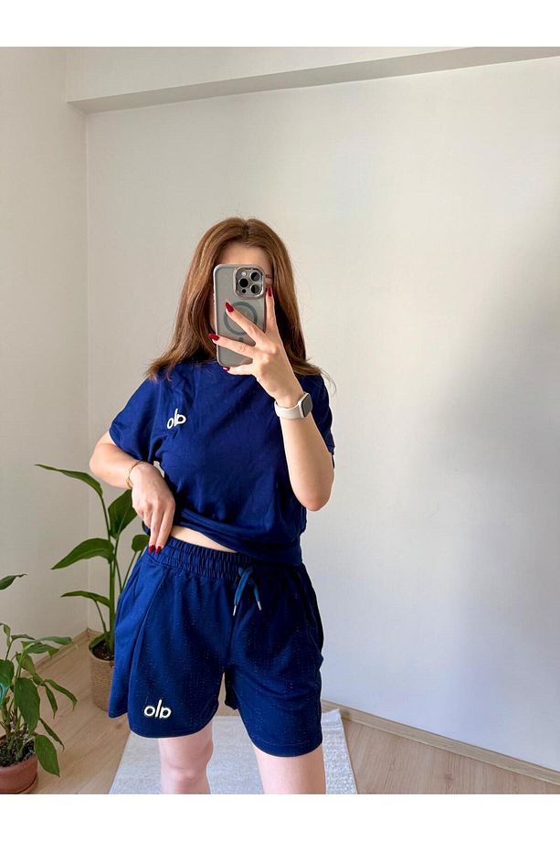 Kadın Lacivert Şortlu Spor Takım - Yazlık Oversize Tişört & Cepli Şort - 4