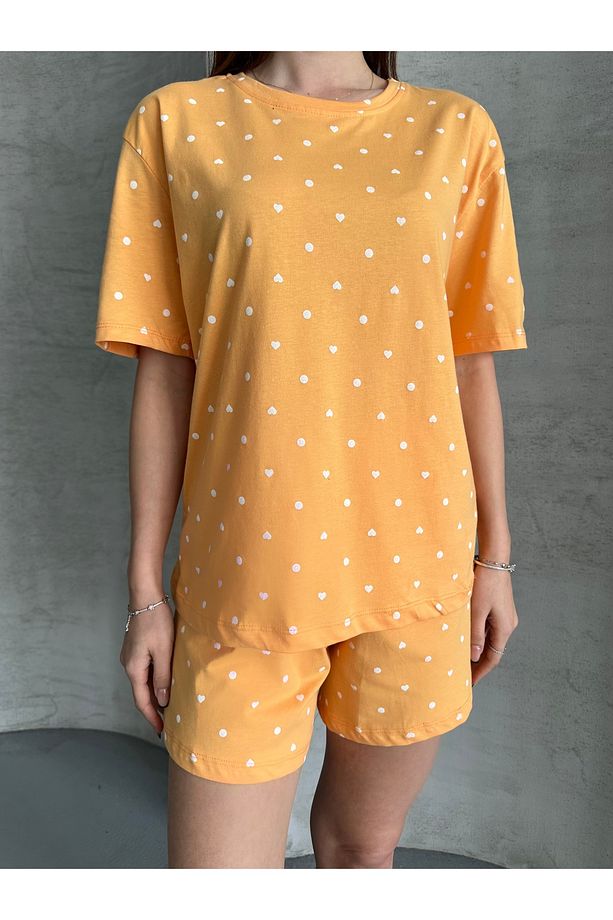 Organik Pamuklu Puanlı Kalp Baskılı Kısa Kollu Şortlu Pijama Takımı - 3