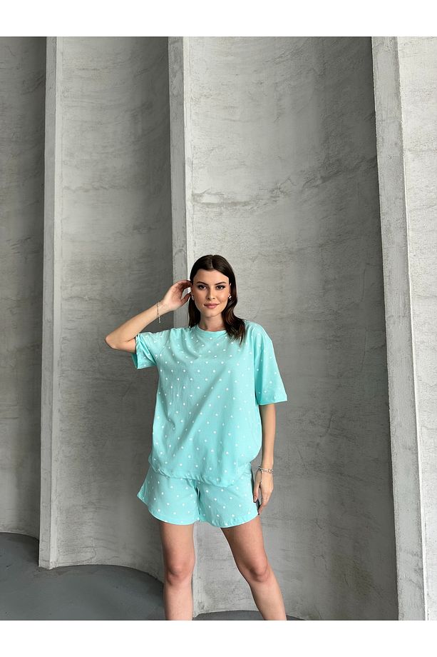 Organik Pamuklu Puanlı Kalp Baskılı Kısa Kollu Şortlu Pijama Takımı - 2